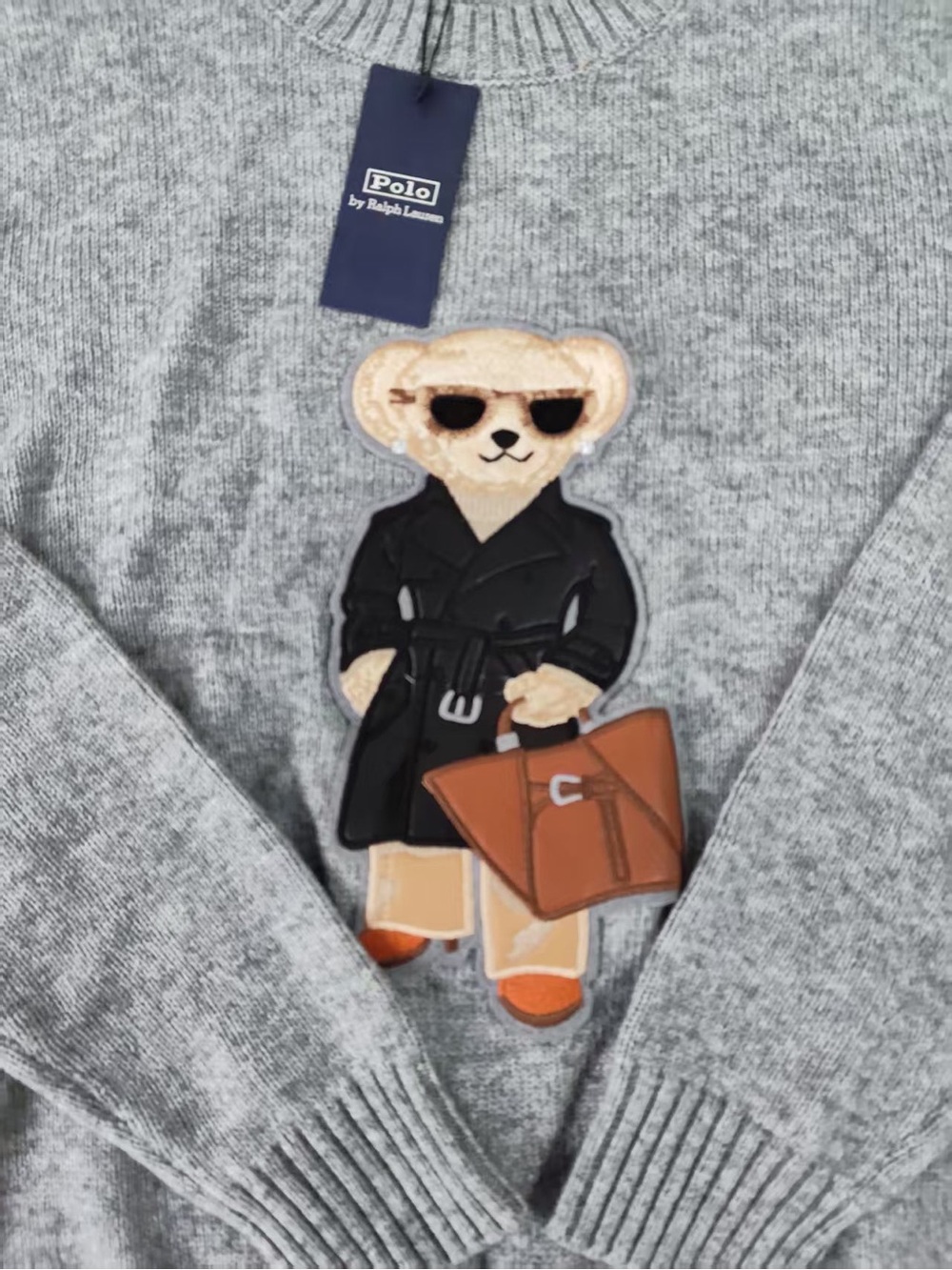 Polo by Ralph Lauren Gray Crewneck Sweater with Bear Appliqué and Brown Accents - Picture 2 of 5